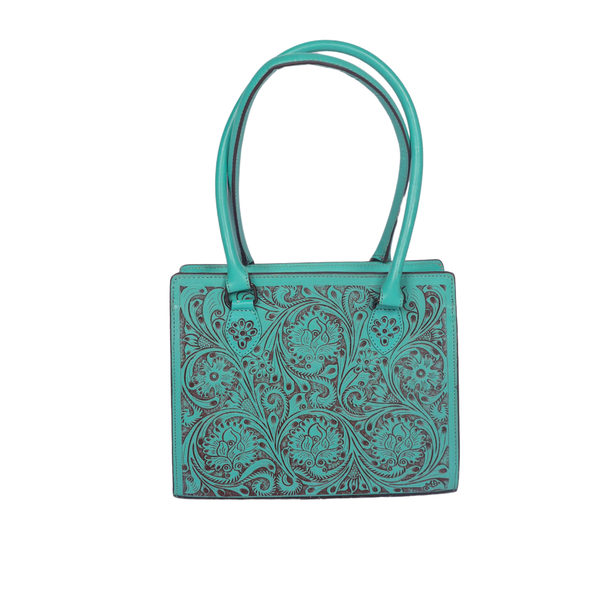 Hand Tooled Leather Tote Bag - Western Floral Cowgirl Purse Turquoise