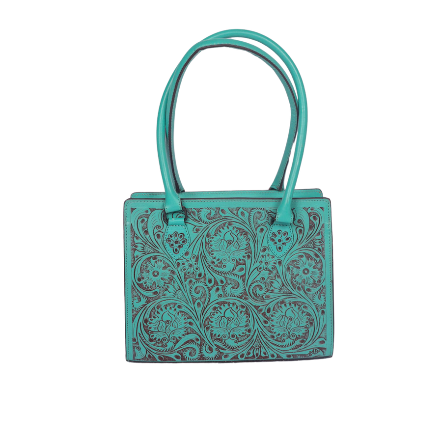 Hand Tooled Leather Tote Bag - Western Floral Cowgirl Purse Turquoise