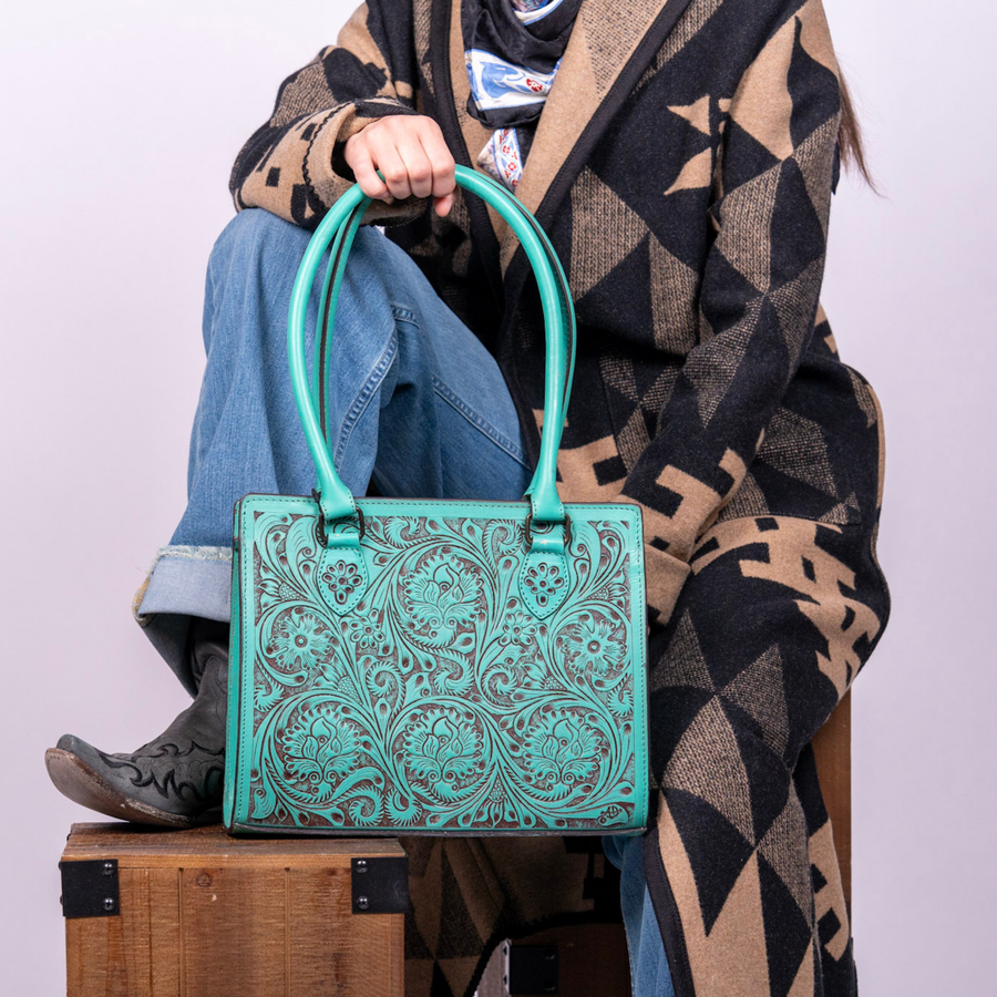 Hand Tooled Leather Tote Bag - Western Floral Cowgirl Purse Turquoise