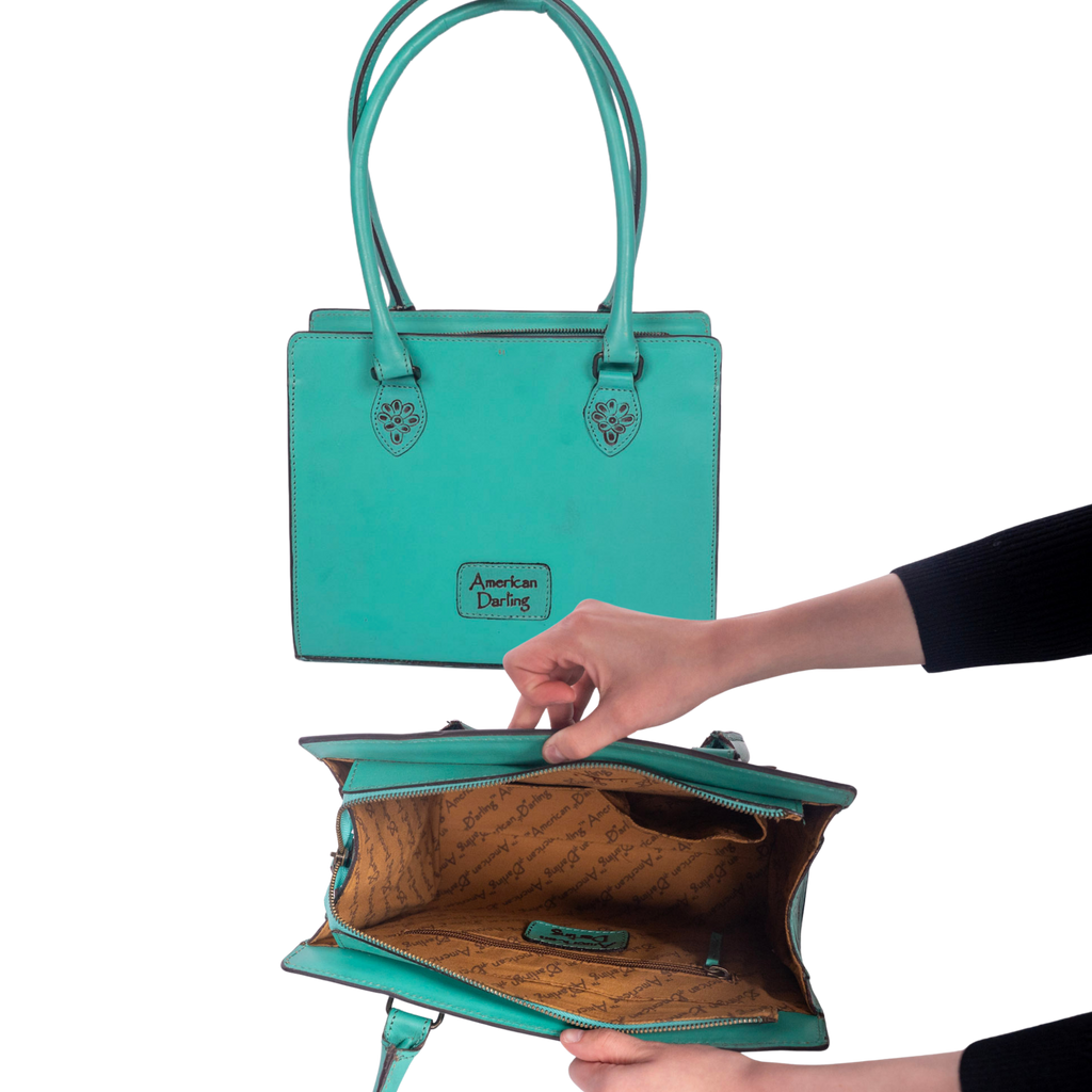 Hand Tooled Leather Tote Bag - Western Floral Cowgirl Purse Turquoise
