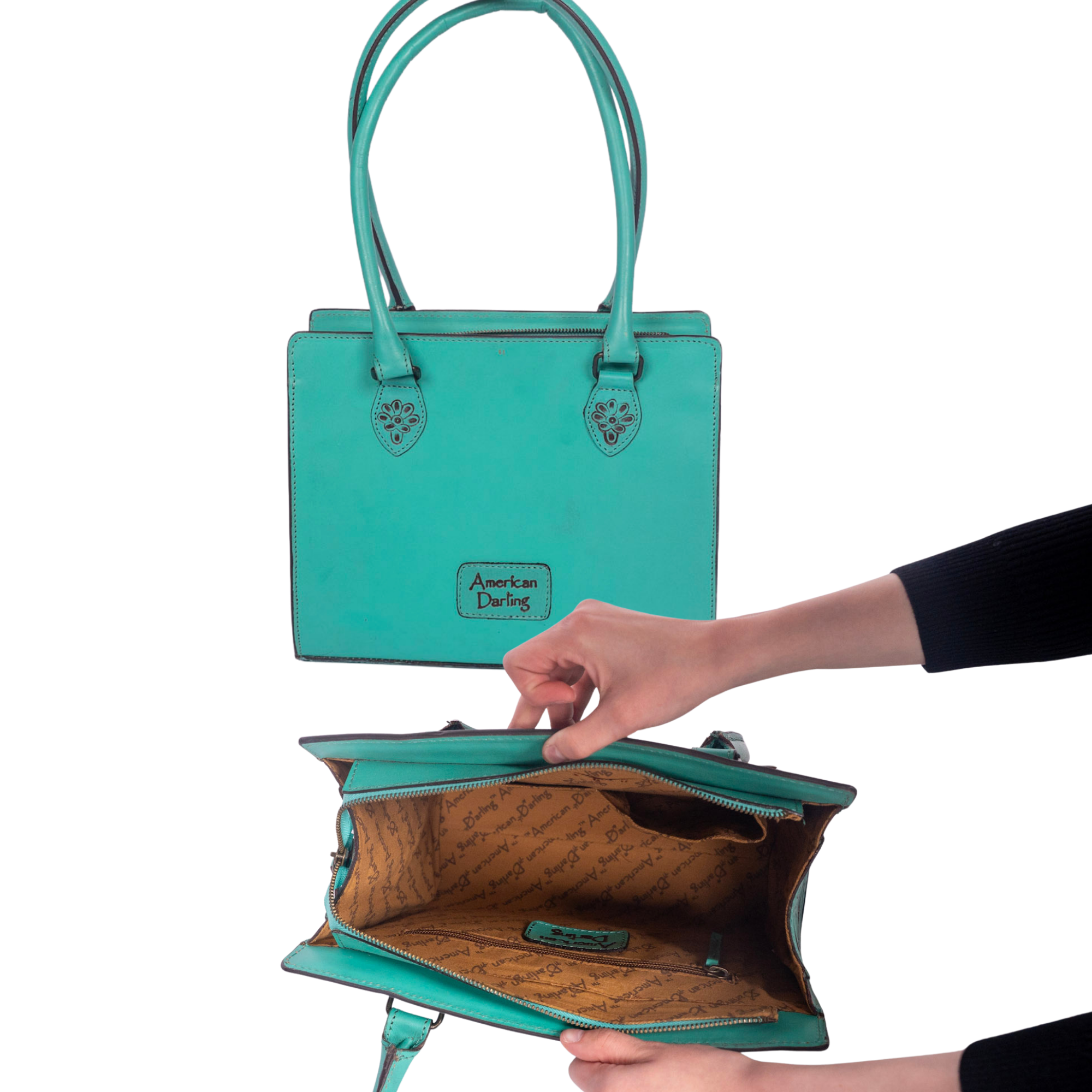 Hand Tooled Leather Tote Bag - Western Floral Cowgirl Purse Turquoise