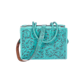 Hand Tooled Leather Tote Bag -Western Floral Carved Purse Turquoise