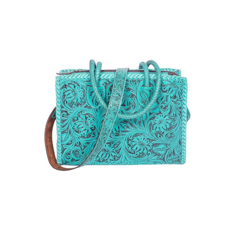 Hand Tooled Leather Tote Bag -Western Floral Carved Purse Turquoise