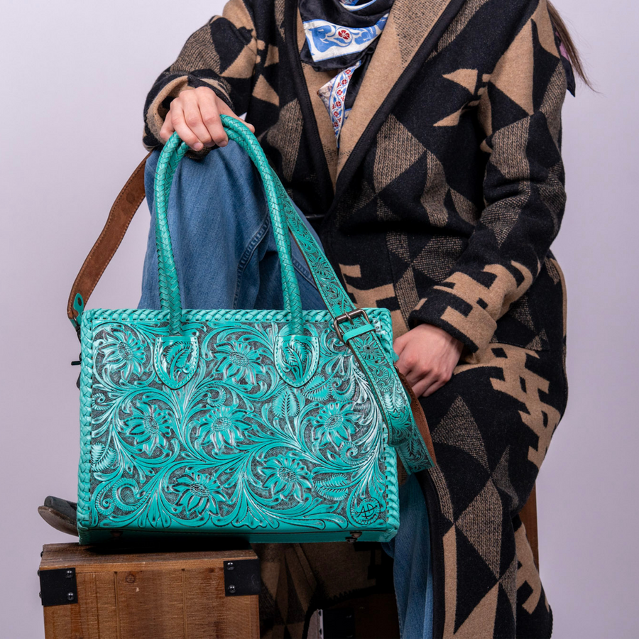 Hand Tooled Leather Tote Bag -Western Floral Carved Purse Turquoise