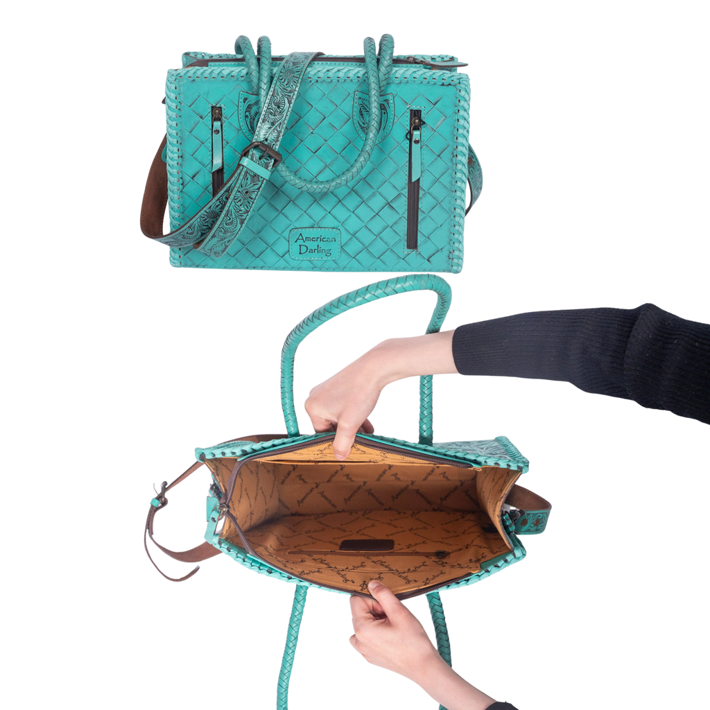 Hand Tooled Leather Tote Bag -Western Floral Carved Purse Turquoise