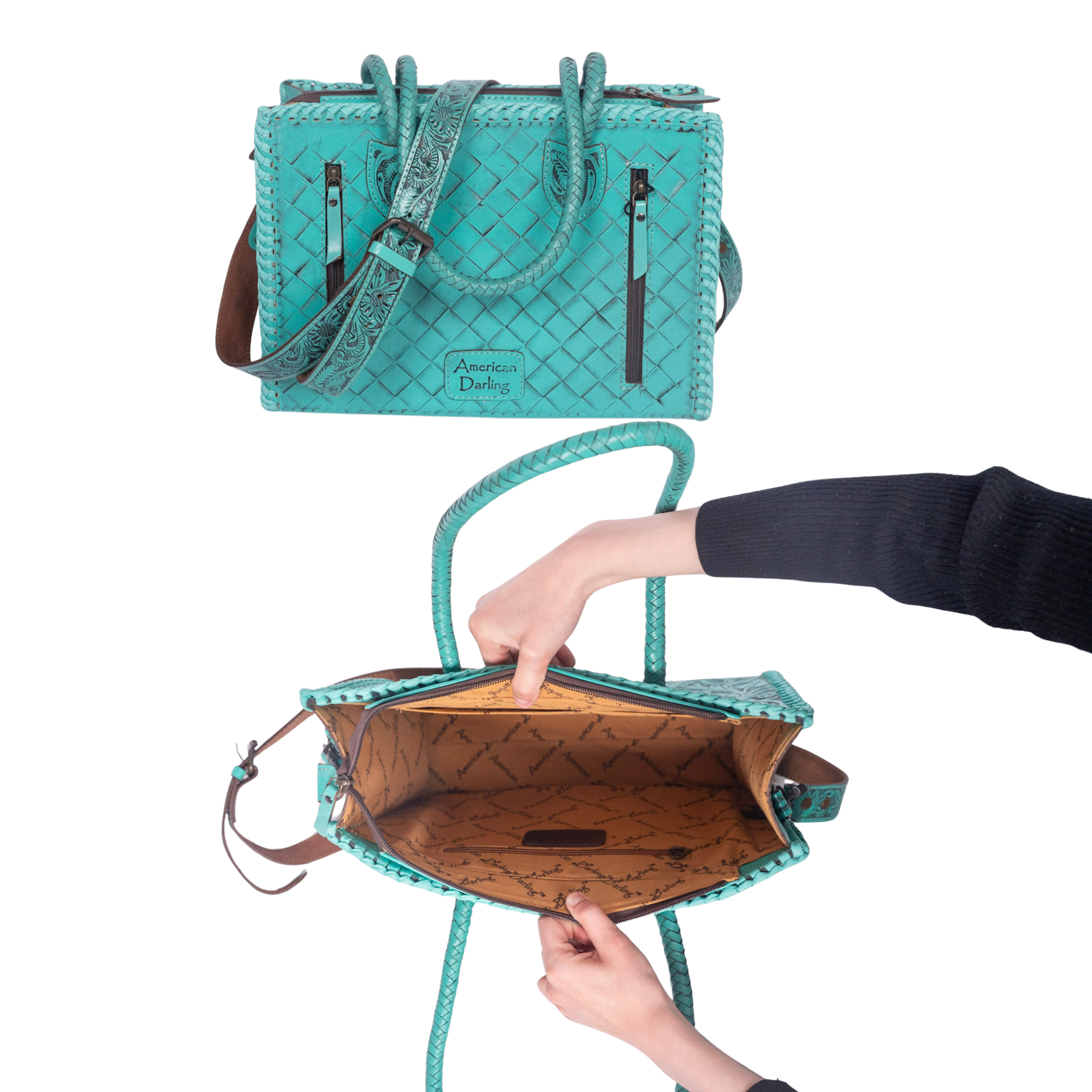 Hand Tooled Leather Tote Bag -Western Floral Carved Purse Turquoise