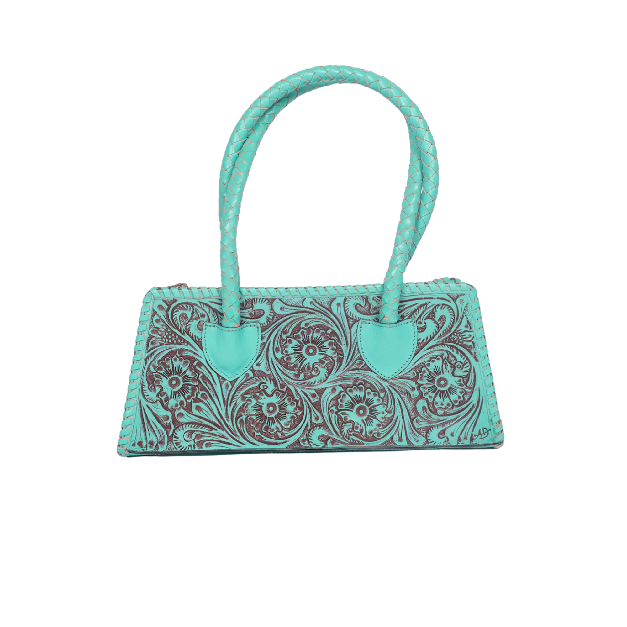 Trapezoid Western Satchel - Hand Tooled Leather Clutch Bag Turquoise
