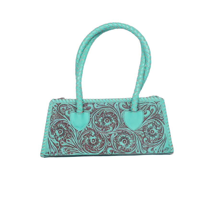 Trapezoid Western Satchel - Hand Tooled Leather Clutch Bag Turquoise