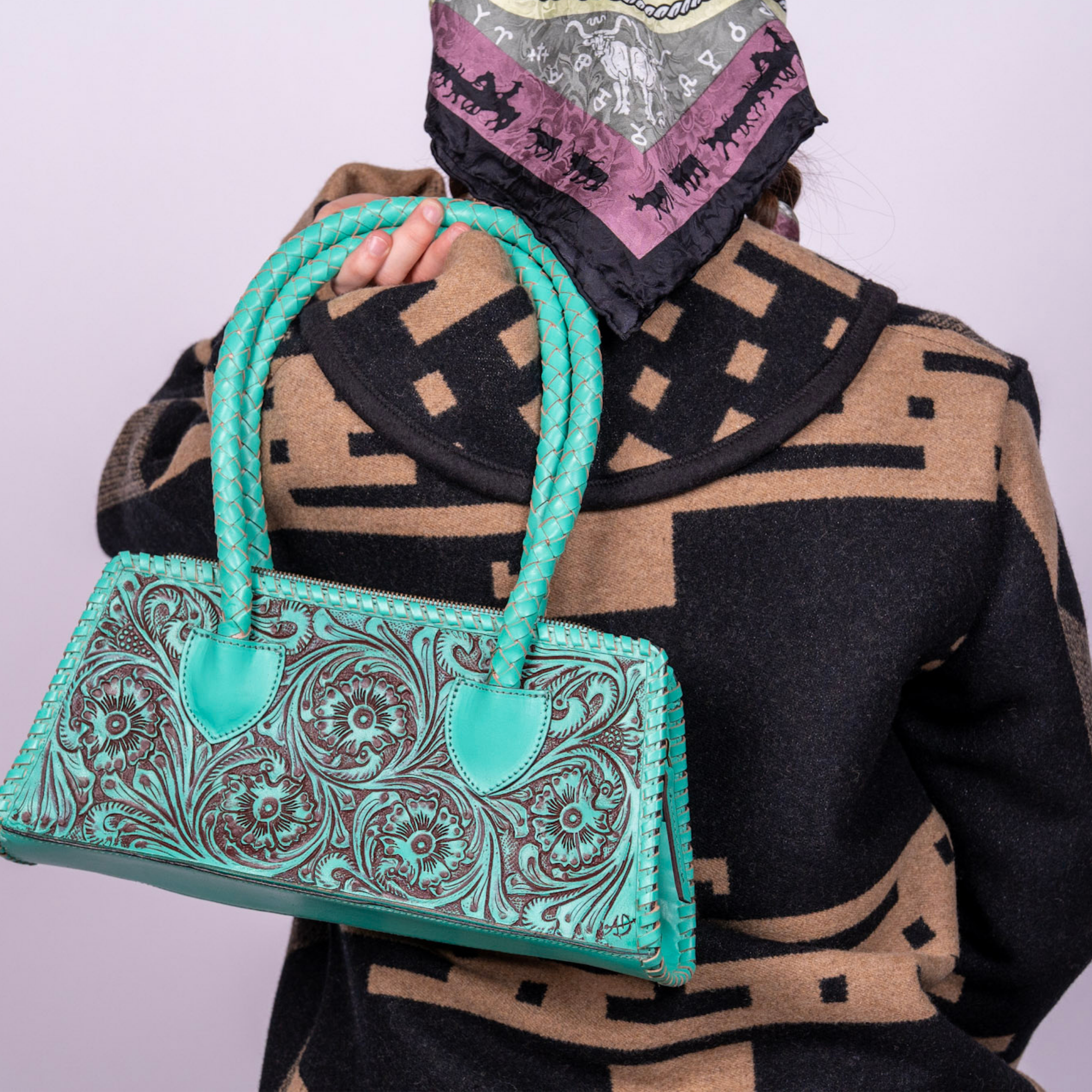 Trapezoid Western Satchel - Hand Tooled Leather Clutch Bag Turquoise