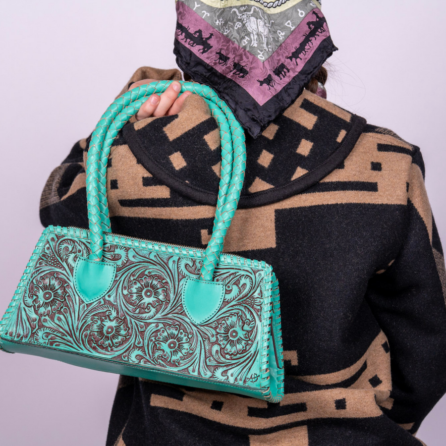 Trapezoid Western Satchel - Hand Tooled Leather Clutch Bag Turquoise