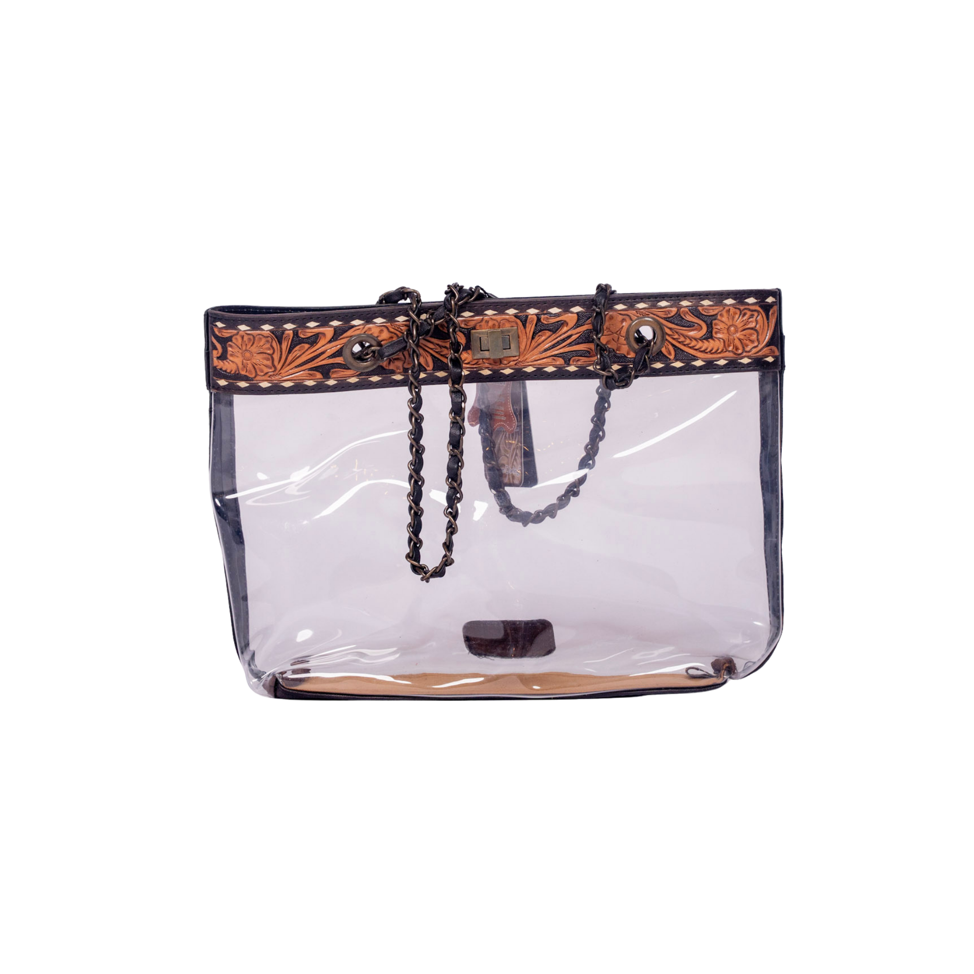 Western Clear Tote Bag with Hand-Tooled Leather Trim - Genuine Leather Stadium-Approved Tote