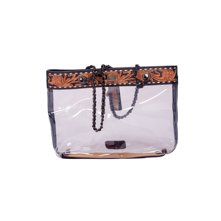 Western Clear Tote Bag with Hand-Tooled Leather Trim - Genuine Leather Stadium-Approved Tote