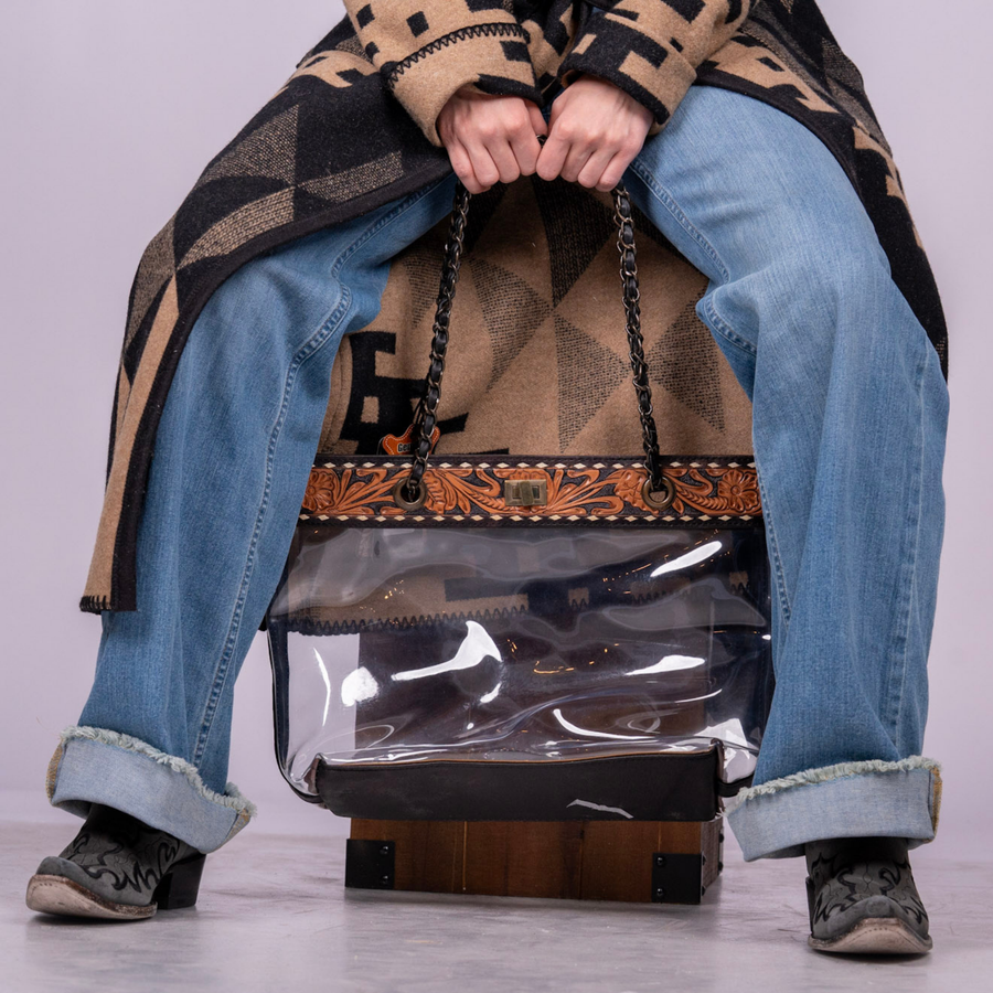 Western Clear Tote Bag with Hand-Tooled Leather Trim - Genuine Leather Stadium-Approved Tote
