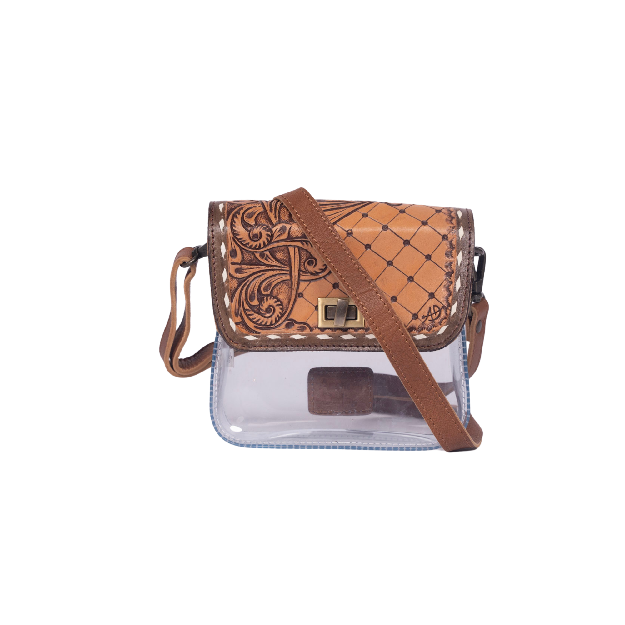 Clear Crossbody Bag with Quilted Tooled Leather Flap - Western Stadium-Approved Purse