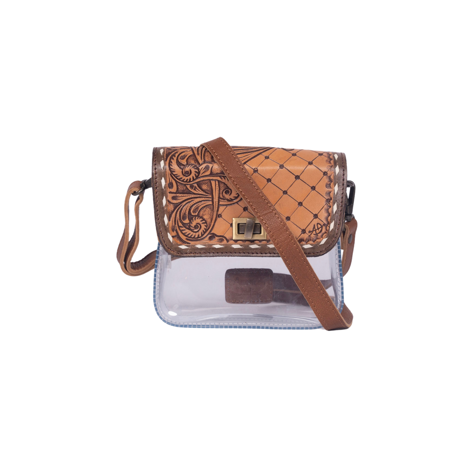 Clear Crossbody Bag with Quilted Tooled Leather Flap - Western Stadium-Approved Purse