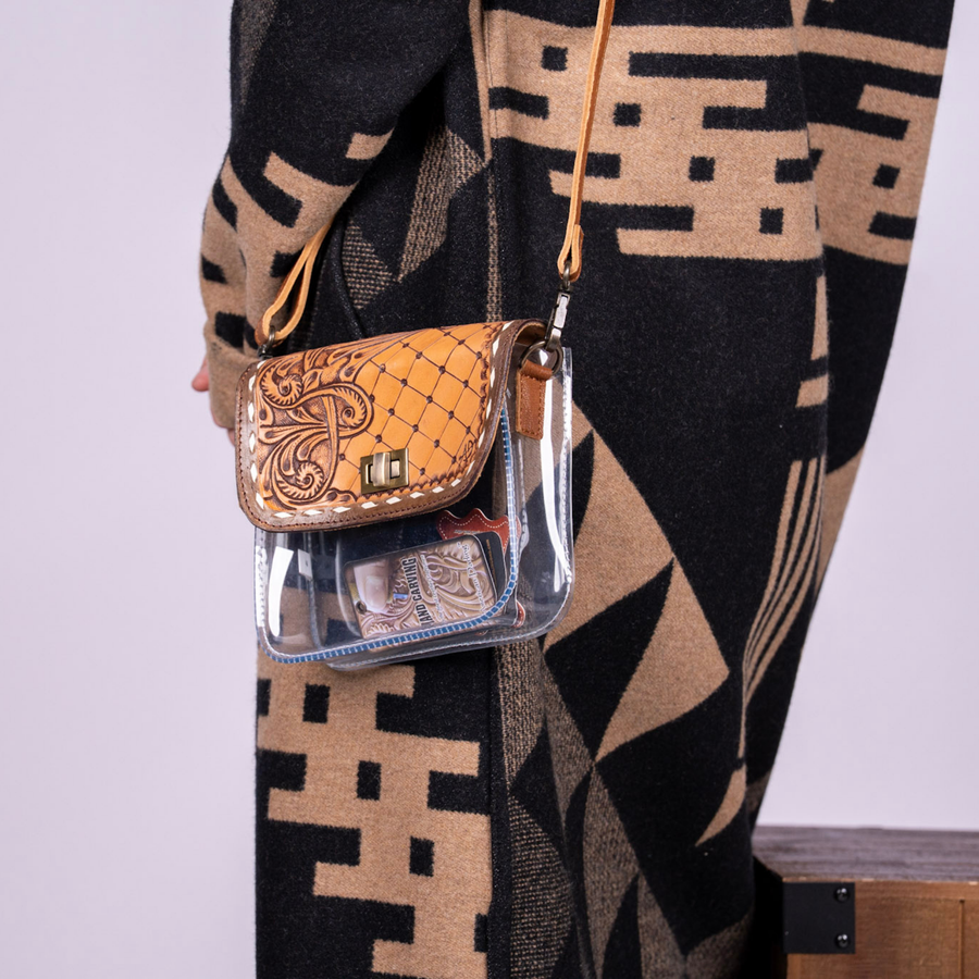 Clear Crossbody Bag with Quilted Tooled Leather Flap - Western Stadium-Approved Purse