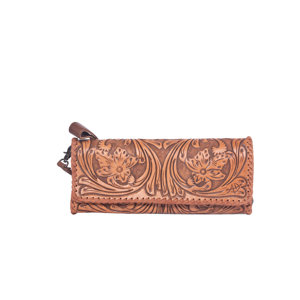 Western Hand-Tooled Leather Wallet Handbag Premium Floral Carved