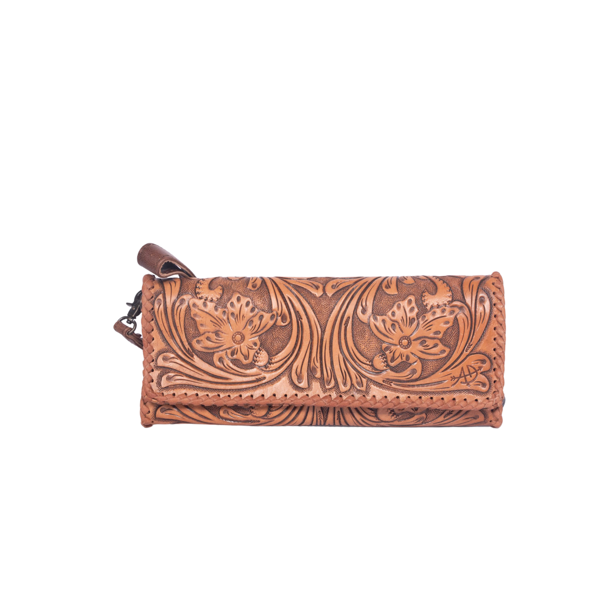 Western Hand-Tooled Leather Wallet Handbag Premium Floral Carved
