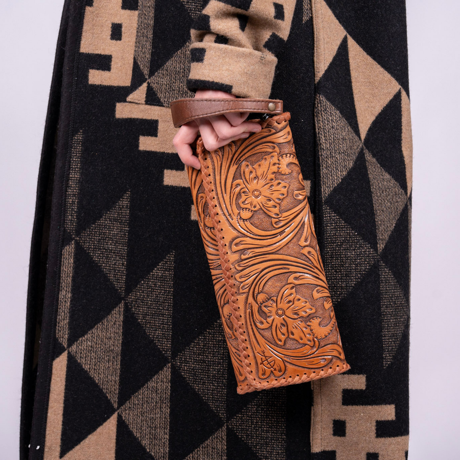 Western Hand-Tooled Leather Wallet Handbag Premium Floral Carved