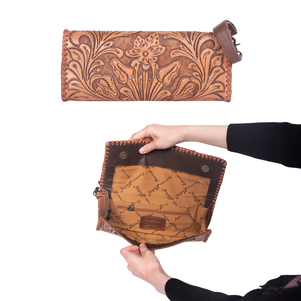 Western Hand-Tooled Leather Wallet Handbag Premium Floral Carved