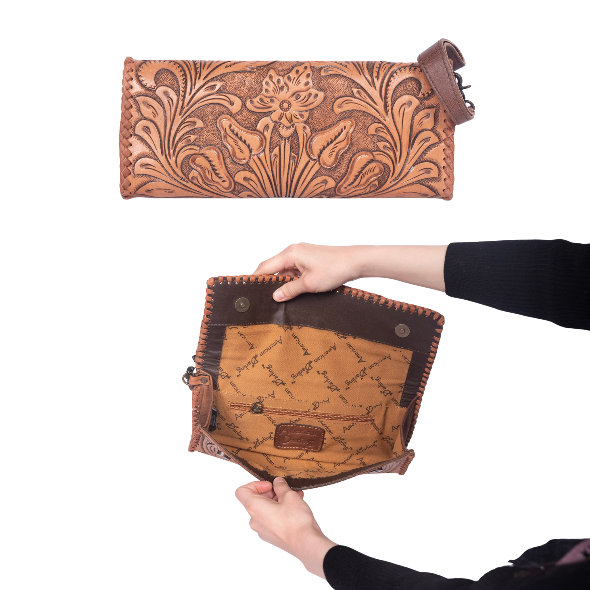 Western Hand-Tooled Leather Wallet Handbag Premium Floral Carved