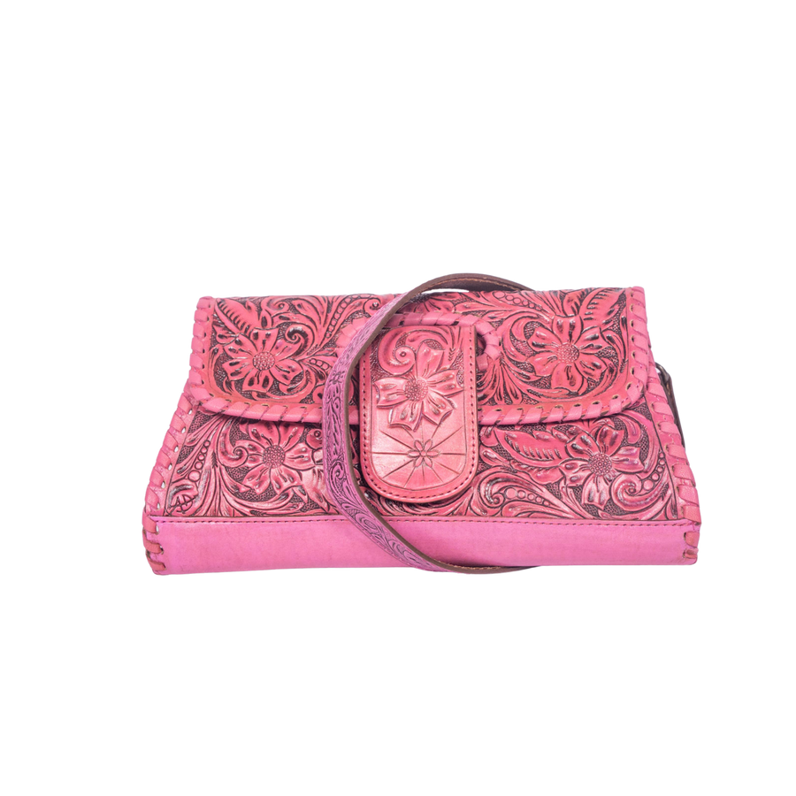 Pink Hand Tooled Floral Leather Clutch & Crossbody Bag
