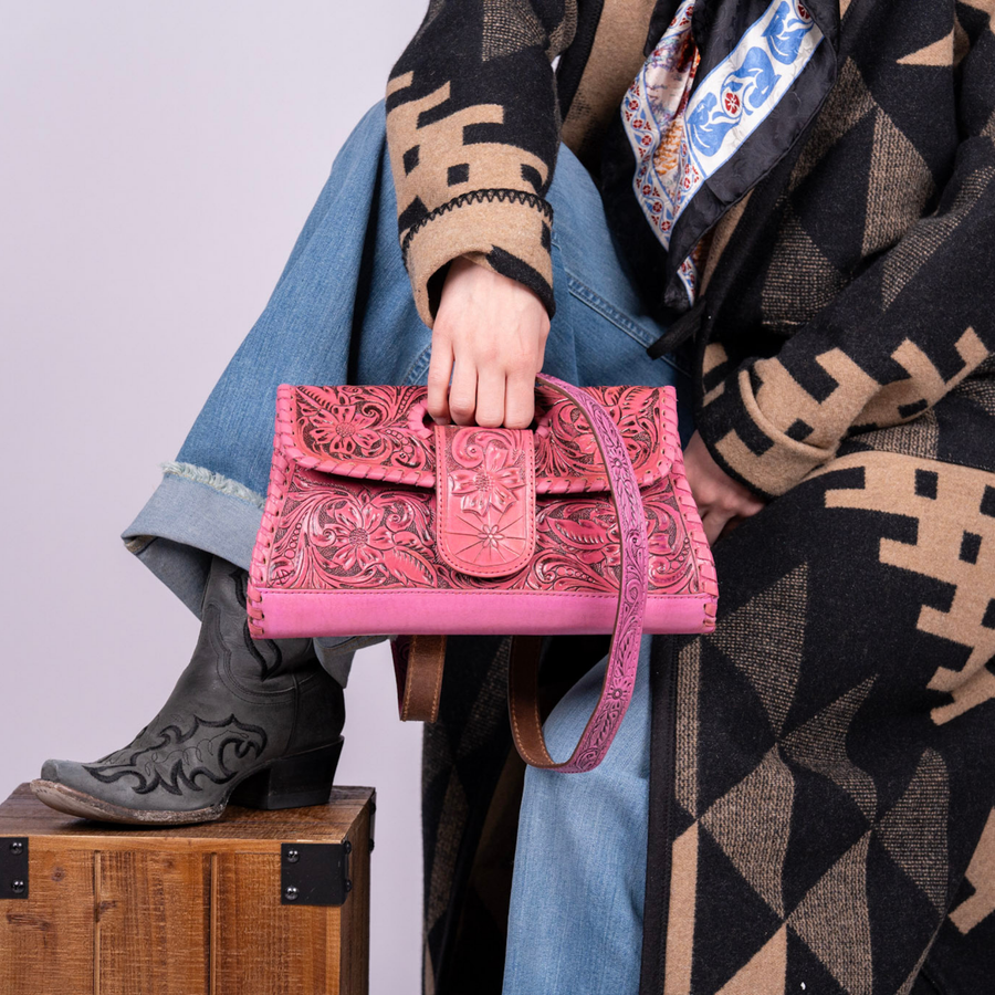 Pink Hand Tooled Floral Leather Clutch & Crossbody Bag