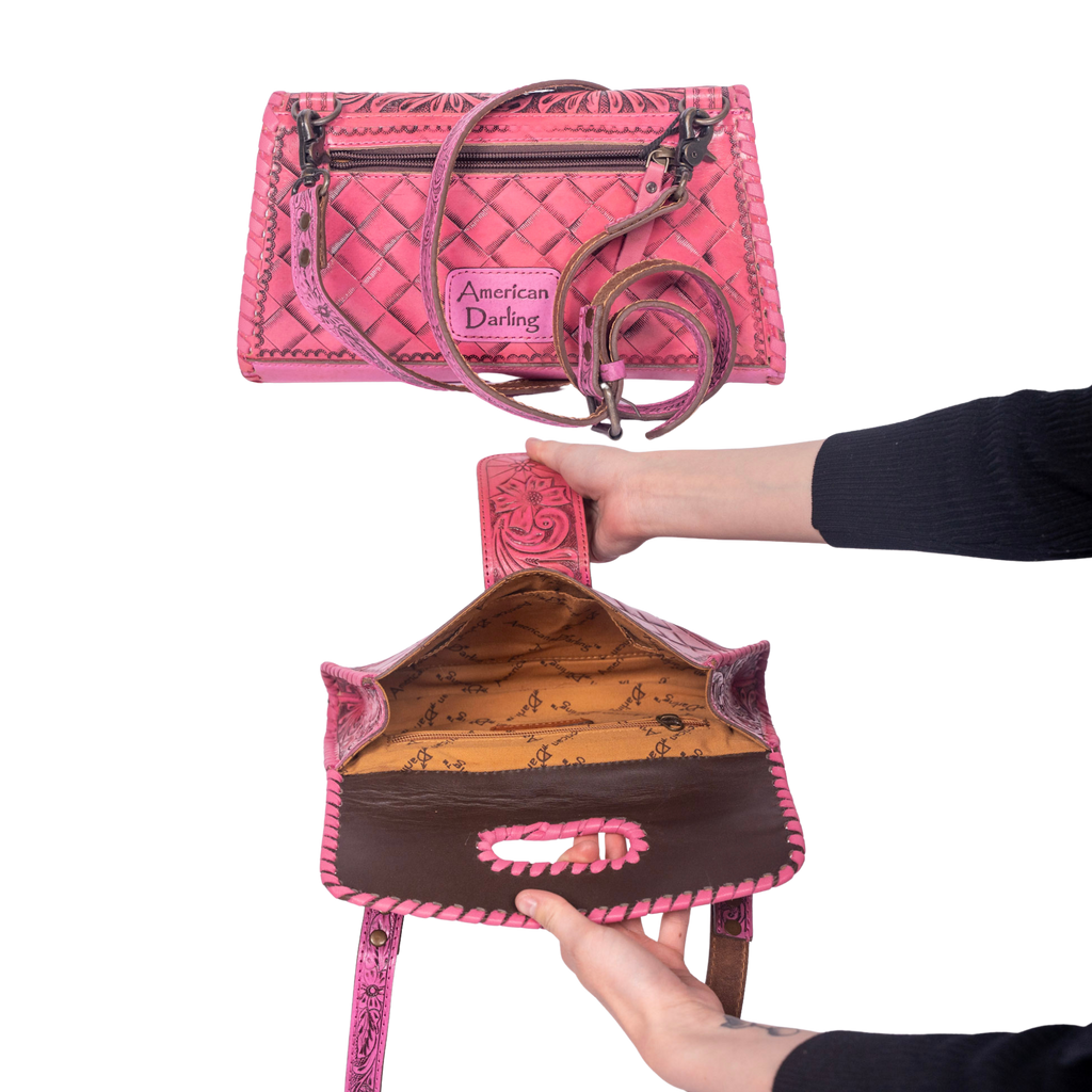 Pink Hand Tooled Floral Leather Clutch & Crossbody Bag