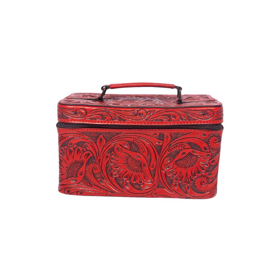 Hand Tooled Leather Jewelry Case -Western Travel Bag RED