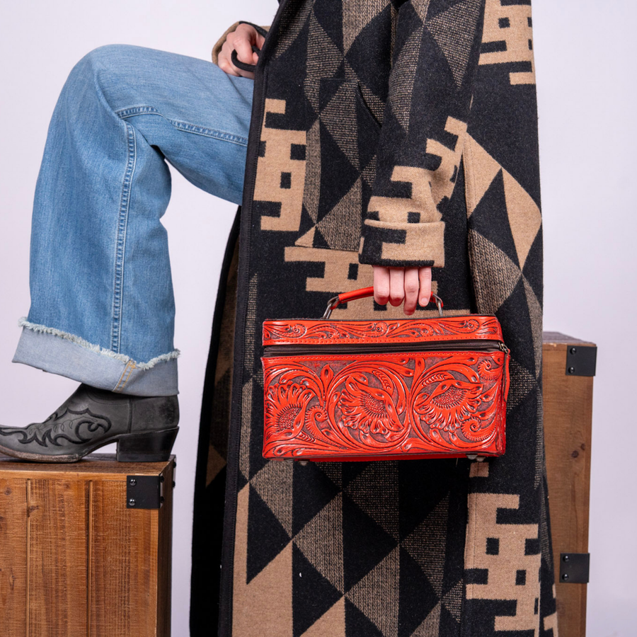 Hand Tooled Leather Jewelry Case -Western Travel Bag RED