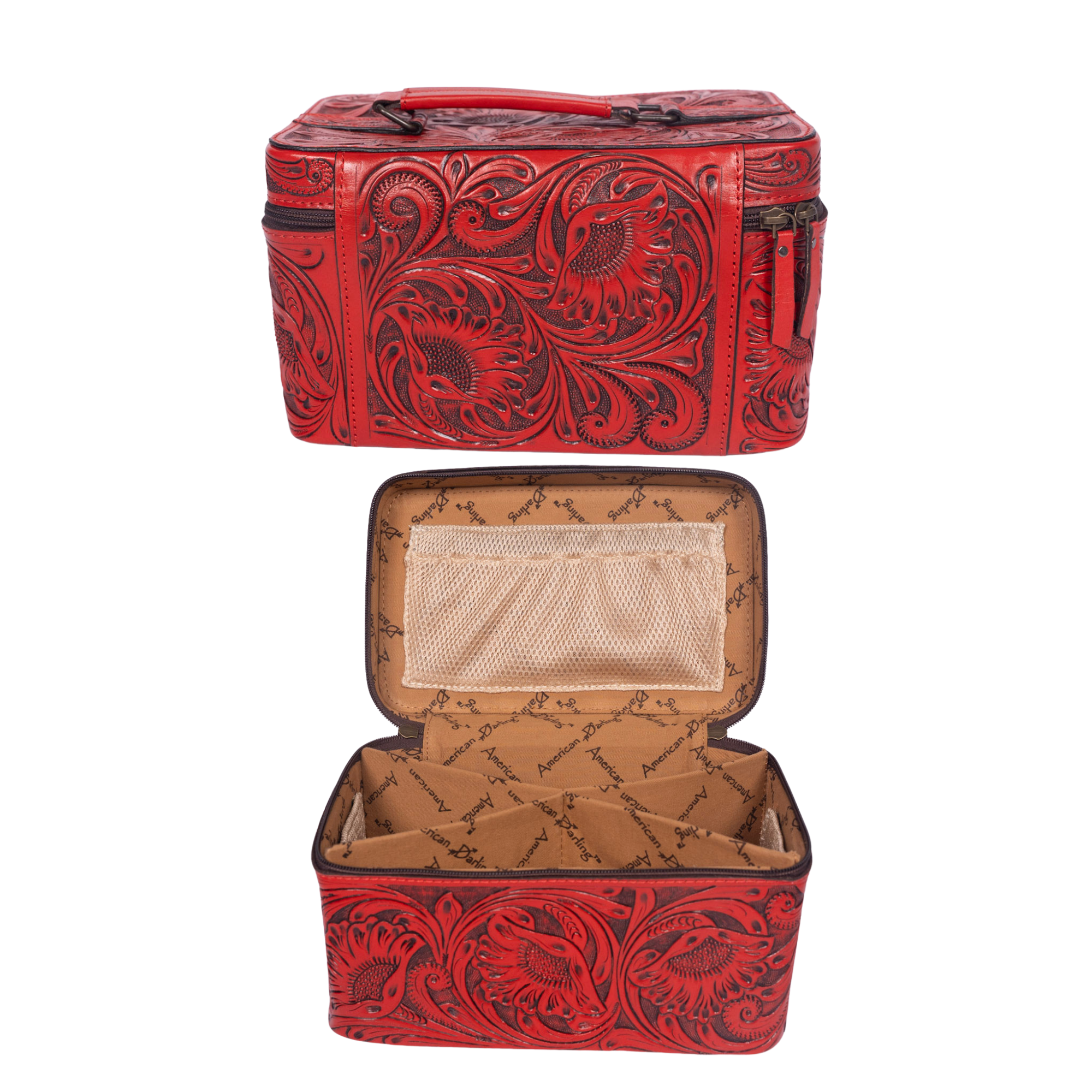 Hand Tooled Leather Jewelry Case -Western Travel Bag RED