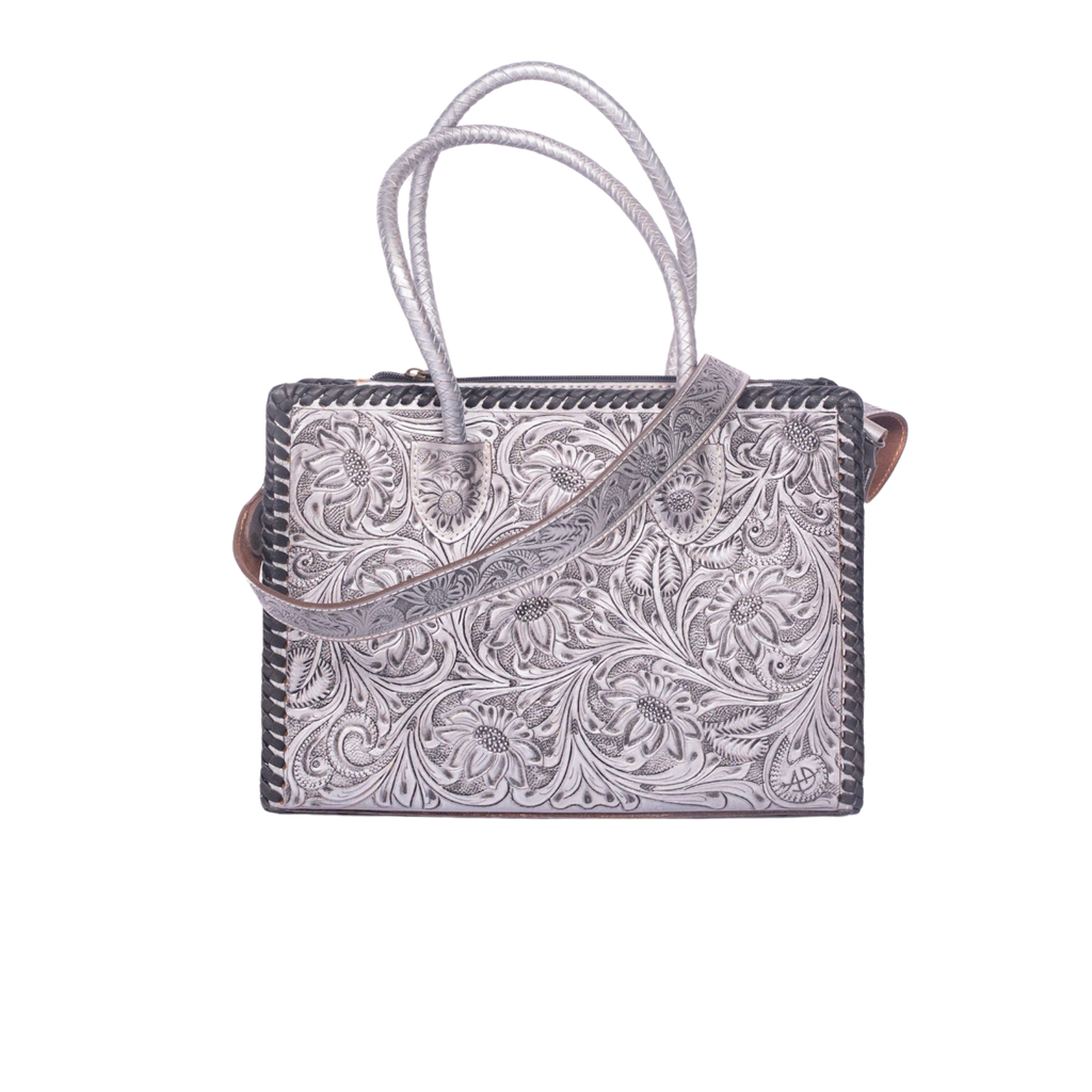Hand-Tooled Floral Leather Tote – Western Bag Grey