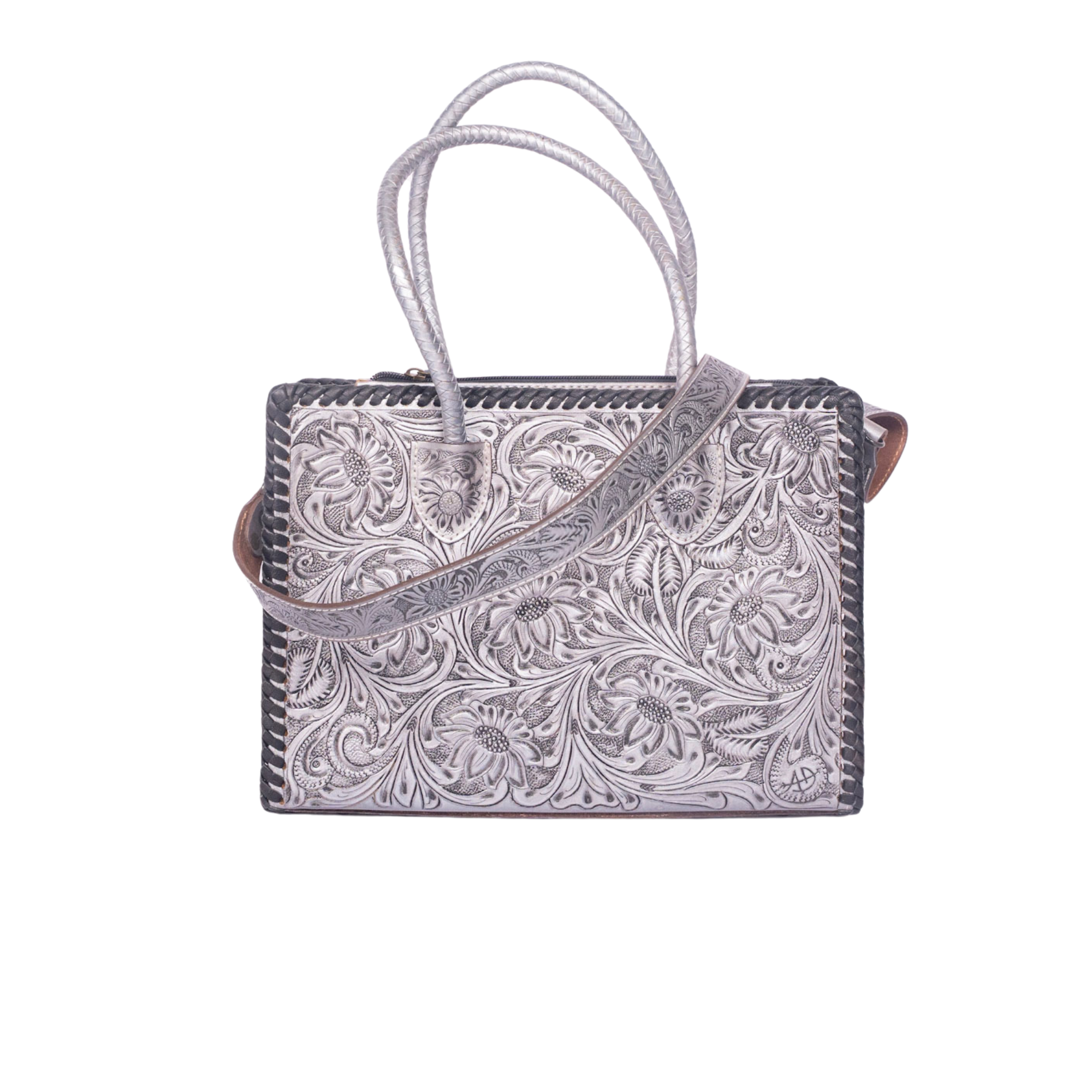 Hand-Tooled Floral Leather Tote – Western Bag Grey