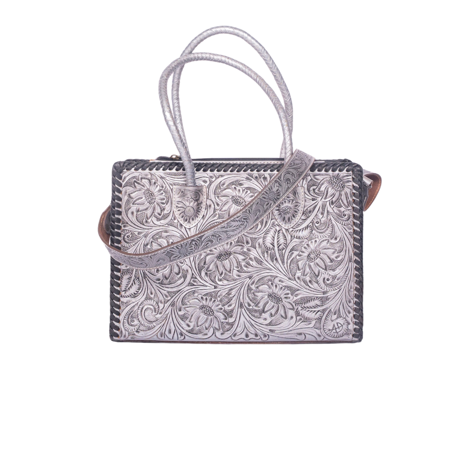 Hand-Tooled Floral Leather Tote – Western Bag Grey