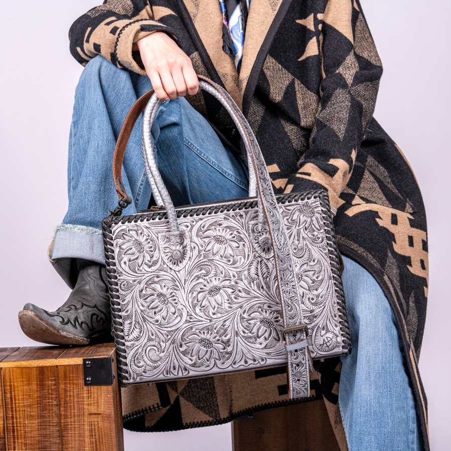 Hand-Tooled Floral Leather Tote – Western Bag Grey