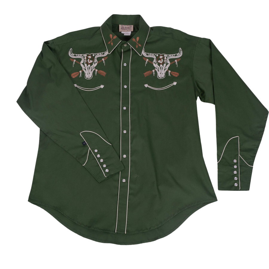 Vintage Bison Skull & Arrow Embroidered Western Shirt Green