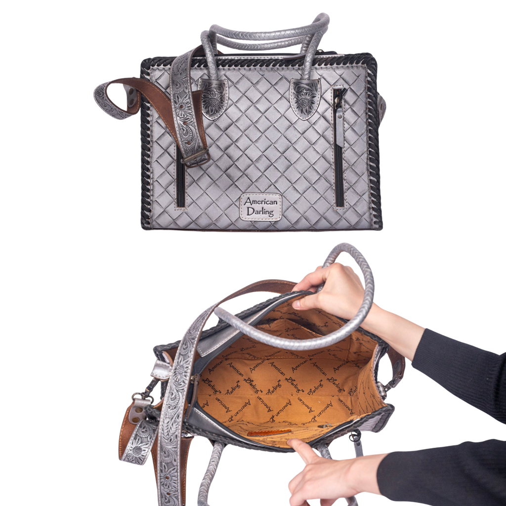 Hand-Tooled Floral Leather Tote – Western Bag Grey
