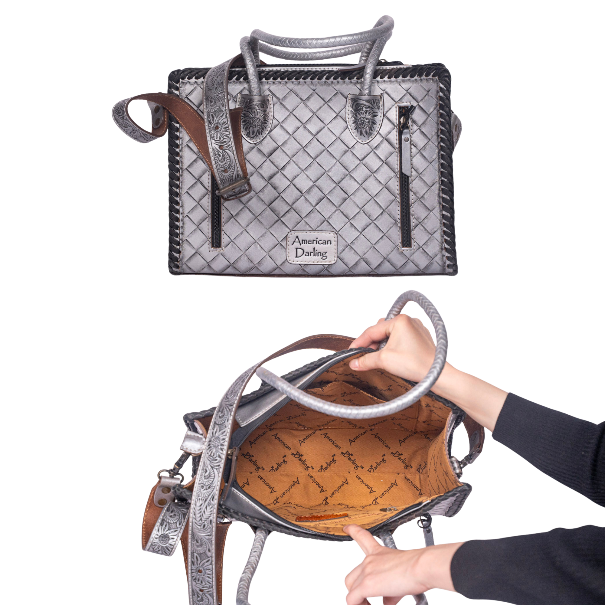 Hand-Tooled Floral Leather Tote – Western Bag Grey