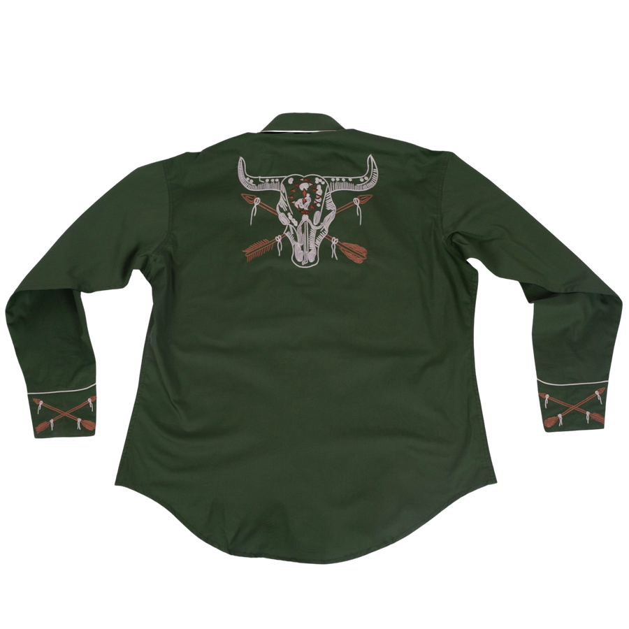 Vintage Bison Skull & Arrow Embroidered Western Shirt Green