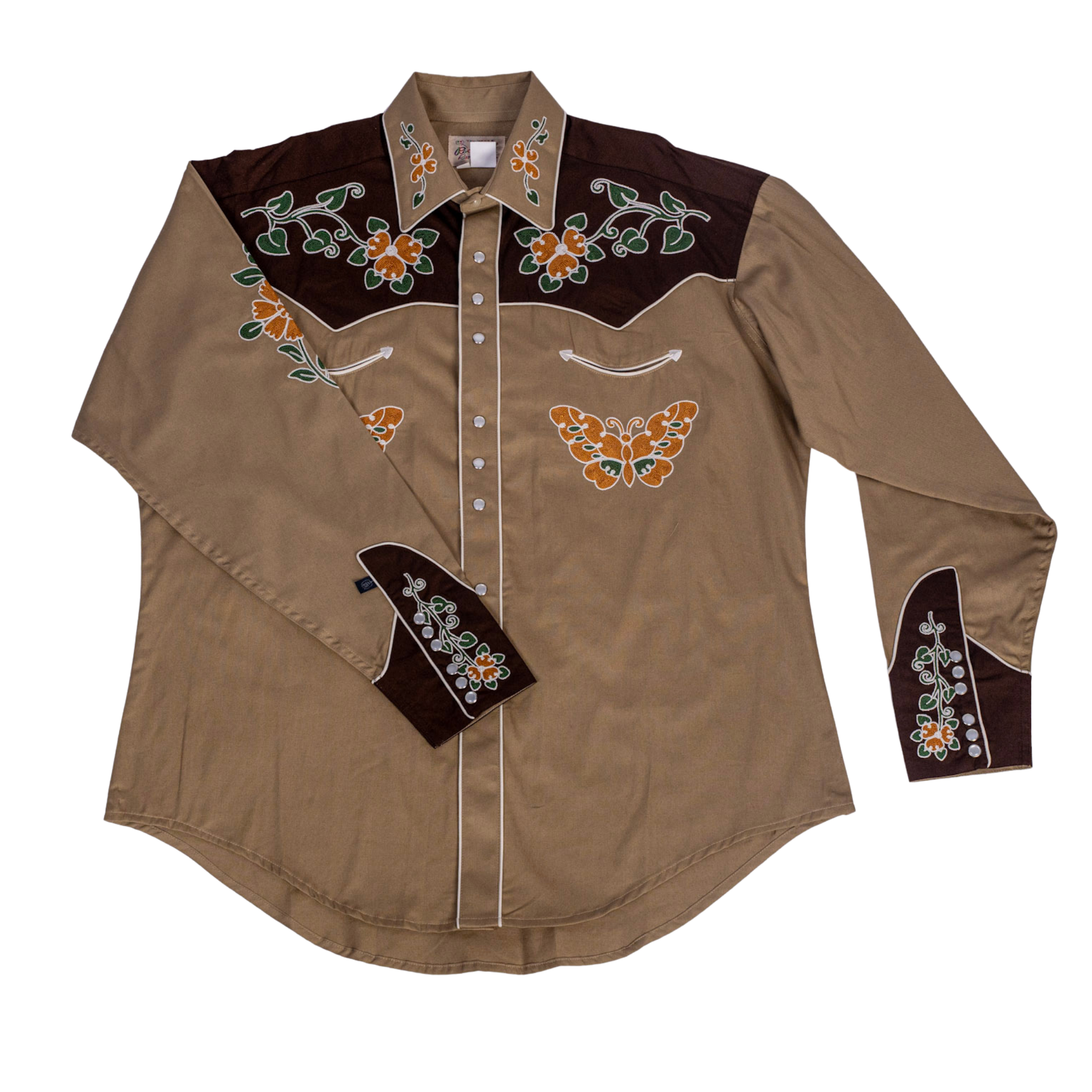 Men's Vintage Tan Floral Butterfly Embroidered Western Shirt