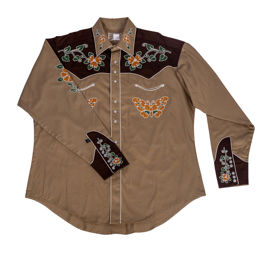 Men's Vintage Tan Floral Butterfly Embroidered Western Shirt