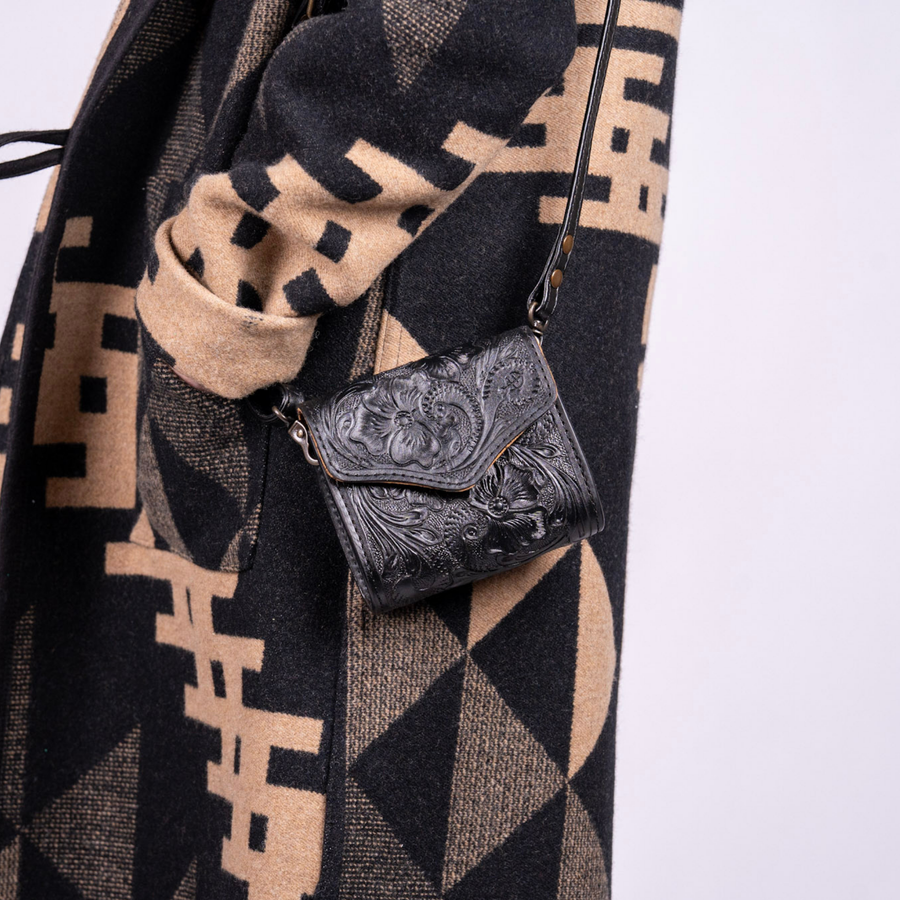 Hand-Tooled Leather Wallet Bag black– Western Crossbody