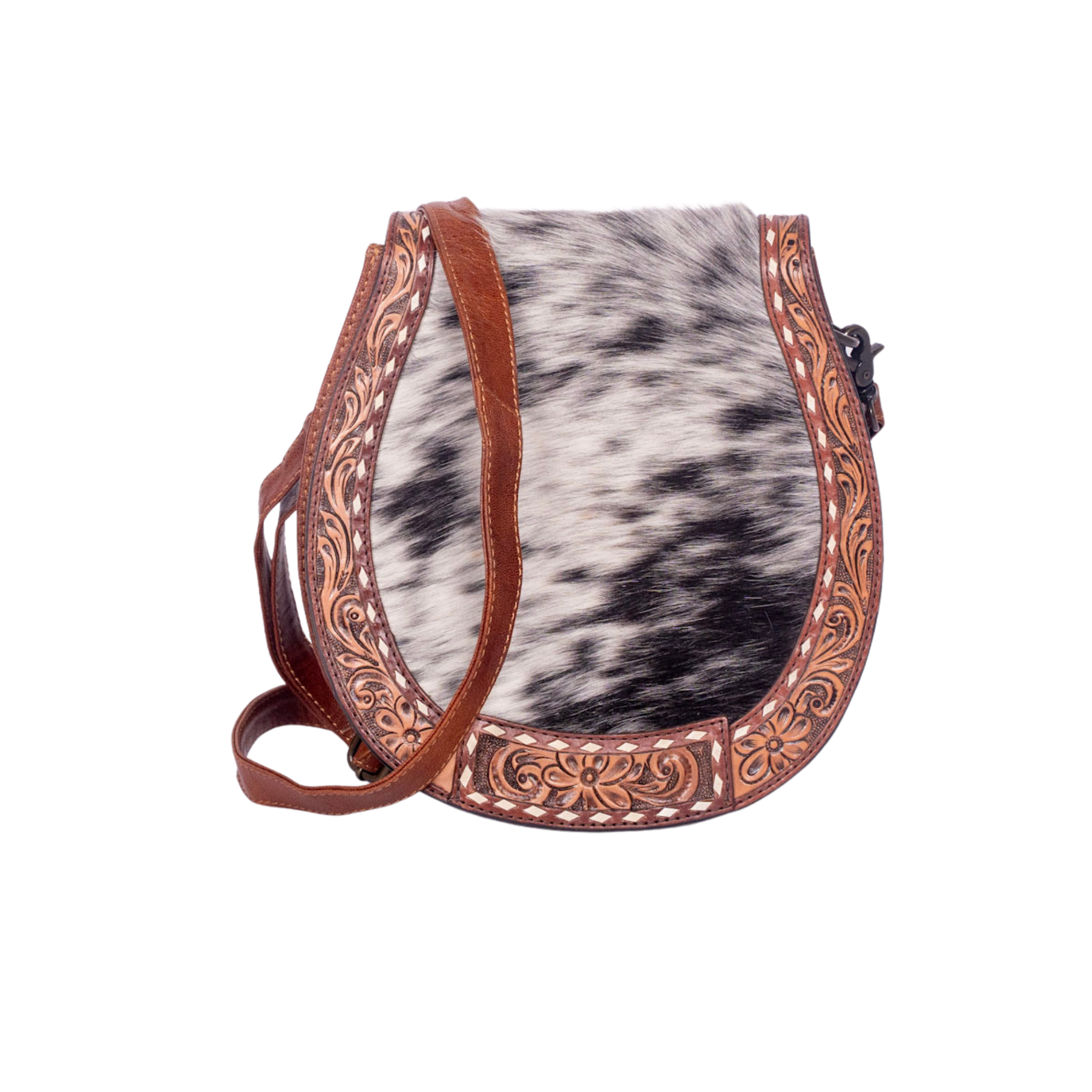 Hair-On Cowhide Leather Crossbody – Hand-Tooled Western Bag