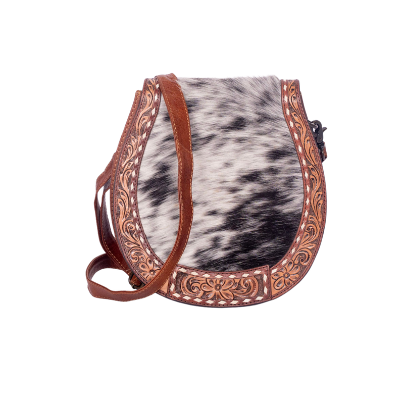 Hair-On Cowhide Leather Crossbody – Hand-Tooled Western Bag