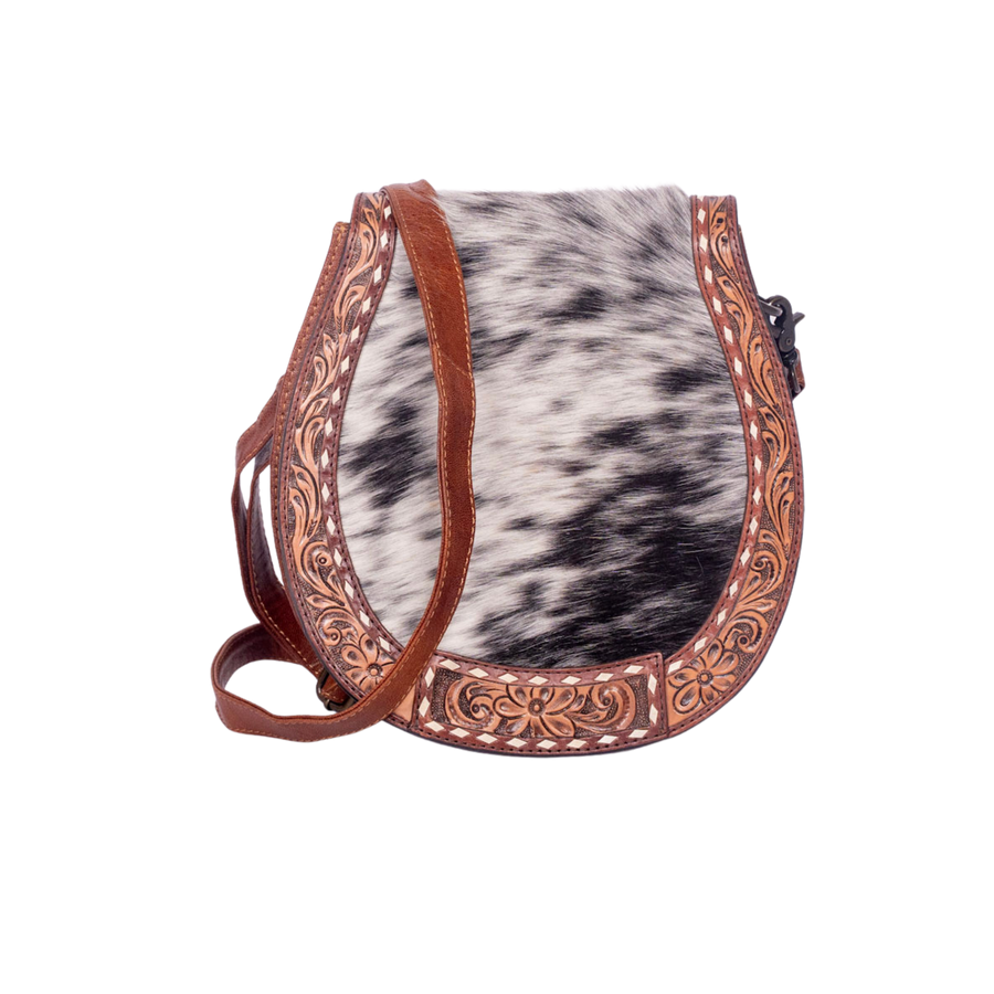 Hair-On Cowhide Leather Crossbody – Hand-Tooled Western Bag