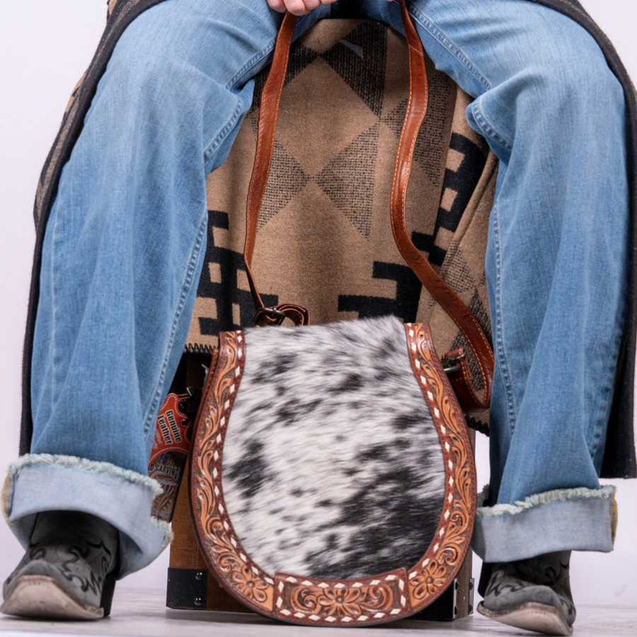 Hair-On Cowhide Leather Crossbody – Hand-Tooled Western Bag