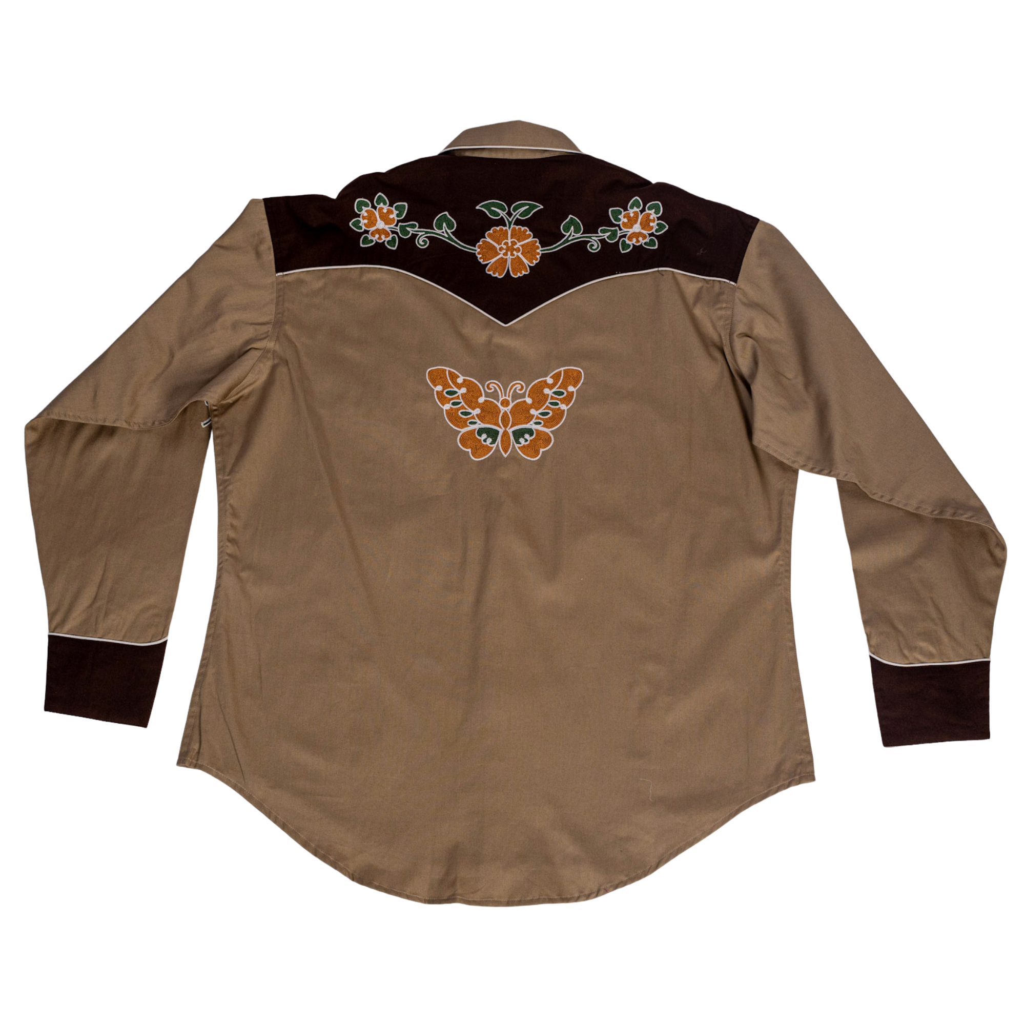 Men's Vintage Tan Floral Butterfly Embroidered Western Shirt