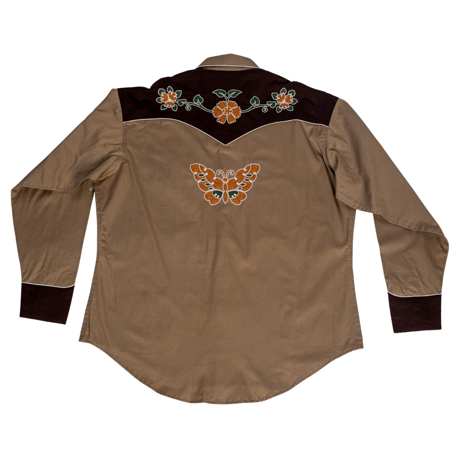 Men's Vintage Tan Floral Butterfly Embroidered Western Shirt