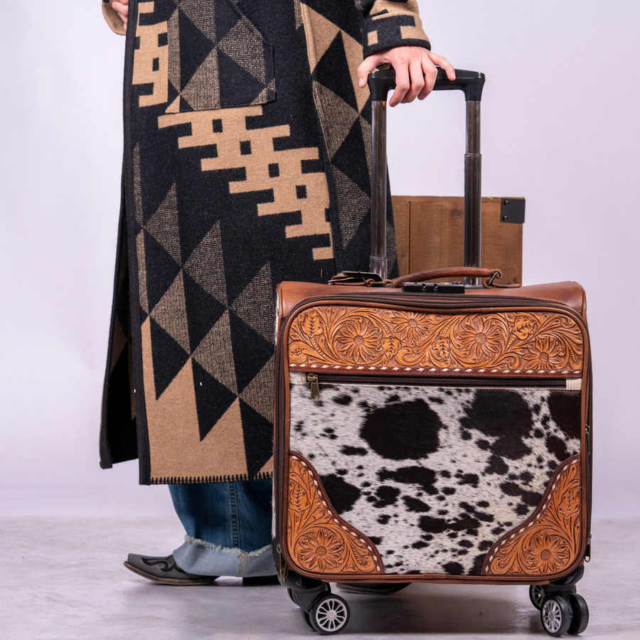 Hair-On Cowhide Leather Trolley – Hand-Tooled Western Luggage