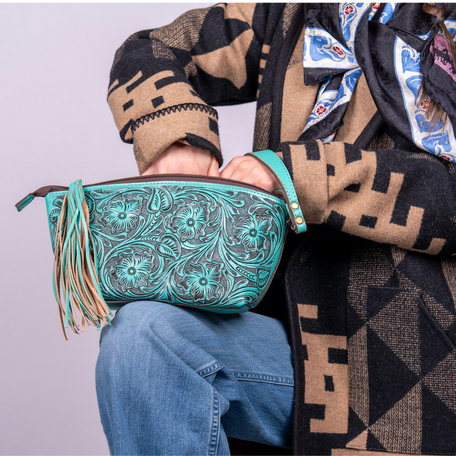 Hand-Tooled Leather Wristlet turquoise – Western Clutch